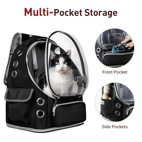 Cat Backpack Carrier Clear Bubble Window for Cats & Small Dogs up to 15 lb | Large Space Breathable Foldable Pet Carrier Airline Approved, Mesh Entry Safety Tether Washable Pad, Travel Hiking Outdoor - color: Black