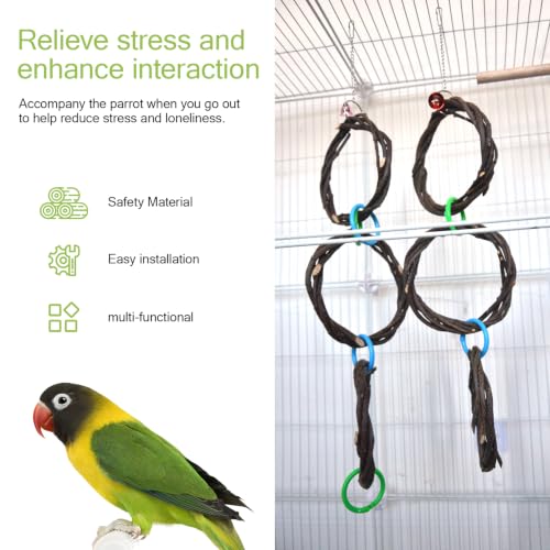 6-Ring Bird Swing Toy,Bird Swing for Cage,Hanging Bird Rope Perch Toy,for Parakeets,Lovebirds,Cockatiels, Sugar Glider Toys and Cage Accessories(DIYjute) - color: DIYwood