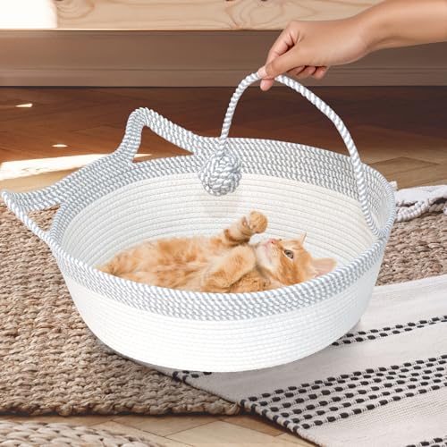 Cotton Rope Woven Cat Bed Basket, Hand Woven with Toy Tail, Small Dogs & Puppies Sleeping Bed, Indoor Cat & Rabbit Basket (Large, Gray & White) - color: Gray & White, size: Large
