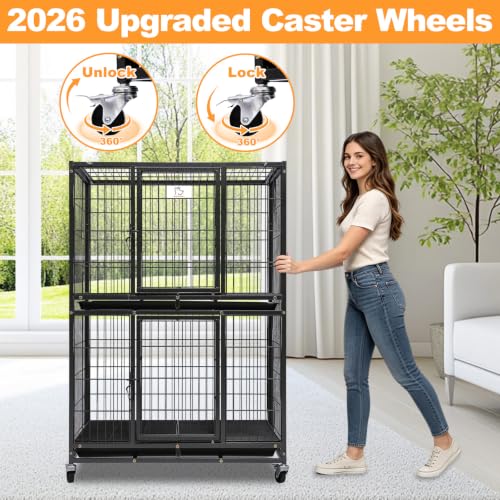 Homey Pet 31 Inch Two Tiers Heavy Duty Dog Crate with Lockable Wheels | Escape Proof Metal Wire Drop Cage for Dogs with Lockable Wheels, Removable Tray & Grids, Top Access for Small Dogs and Pets