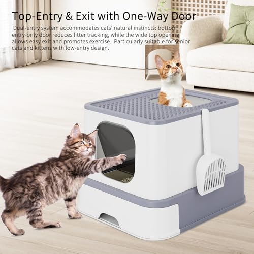RIZZARI Stainless Steel Cat Litter: Enclosed, Top Entry, Easy Clean | Teflon Non-Stick Coating / High Splash Sides / Odor-Control Seal / Slide-Out Sifting Drawer / Leak-Proof / Multi-Cat & Garage - color: Gray