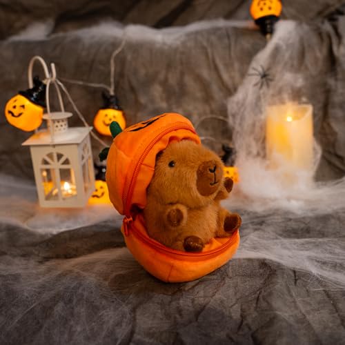 Plushland Halloween Zip-Up Pumpkin Stuffed Animal Plush Toys,Hideaway Spooky Black Cat Bat Ghost Capybara Plush Halloween Toy for Festive Decorations & Fun Surprises 6 Inches (Capybara) - style: Capybara