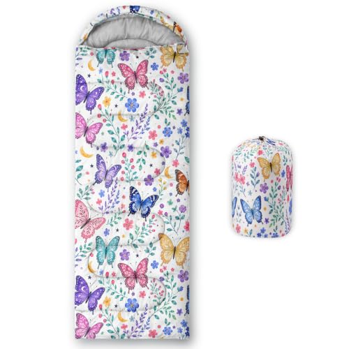 QOOMO Camping Sleeping Bags,3 Season Warm & Cool Weather,Lightweight,Waterproof Sleeping Bags for Adults & Kids,Traveling,and Outdoors,Camping Gear Equipment - color: Floral Butterfly 21