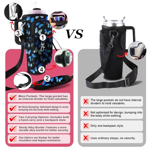 Stanley Carrier Bag for Stanley 40oz/30ozTumbler with Phone with 2 Adjustable Strap,3 Pockets Bottle Stanley Cup Carrier Bag & Case,Accessories for Hiking Travelling - color: Blue Butterfly