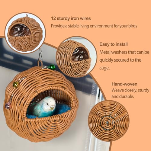 Bird Nest, Warm Bird Bed for Cage Parrot Nesting House with 2 Mats, Hanging Parakeet Cage Accessories for Lovebird, Canary, Budgie, Finch, Hamster (G-Hole Style)