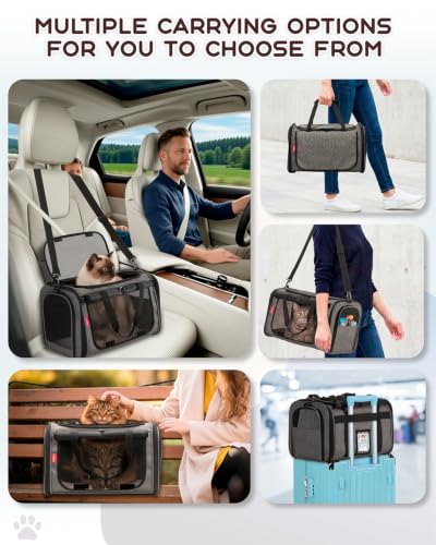 Cat Carrier for Cats up to 20lbs, Soft-Sided Privacy Protection | Top Load Transport Medium to Big Kitten Small Puppy Dog Crate, Mesh Carry Bag with Unique Side Bag, Air Car Travel, Grey - color: Grey