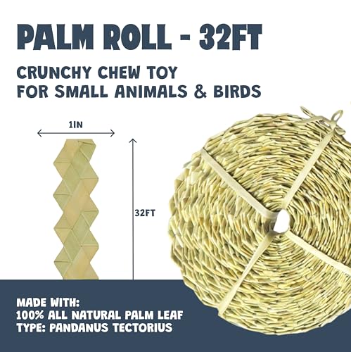 Chews, 100% All Natural Palm for Rabbit Hamster Guinea Pig Chinchilla Pet Rat Mice Gerbil Bird, Healthy Enrichment Boredom Buster Molar Chew Shredder Palm Roll 32ft