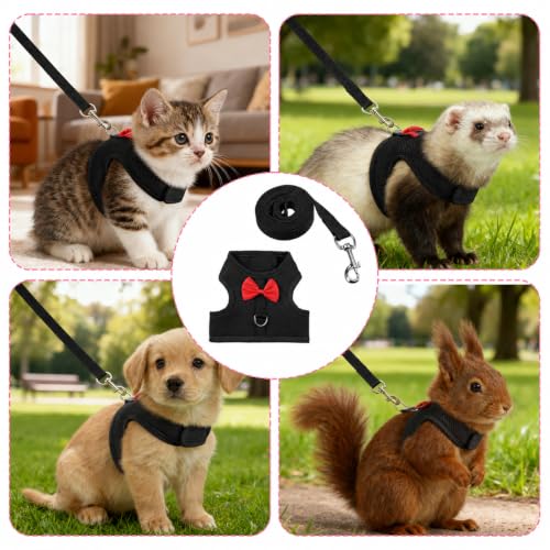 Bunny Harness and Leash Set Cute Bow Rabbit Leash Harness Set Escape Proof | Rabbit Vest Soft Breathable Mesh Walking Gear for Rabbits, Kittens, Ferrets, Guinea Pigs, Black, M