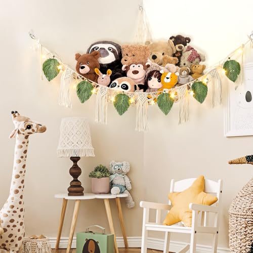 Dremisland Stuffed Animal Toy Net Hammock with Star Light Boho Leaf Macrame Tassel Corner Toy Organizer Bohemian Woven Decor Display Holder for Girls Room Nursery Kids Bedroom Play Room Decor (Green)