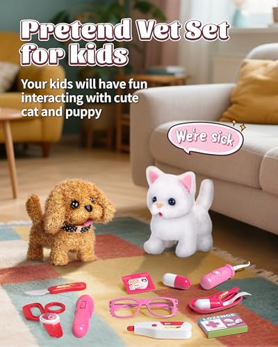 Eohemeral Pet Vet Kit for Kids with 2 Plush Pets (Dog&Cat) &Doctor Costume | 36Pcs Interactive Veterinarian Playset for Toddlers 3-5 to Overcome Fear of Doctors- Pretend Play Animal Hospital Toy Gift