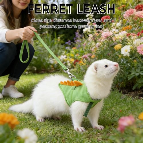 Harness and Leash Set for Small Pets, Dinosaur Shaped Vest Harness, Adjustable Soft Plush Vest with Bell for Guinea Pigs, Ferrets, Hamsters, Hedgehogs - Safe Outdoor Walking Adventure Gear,Green
