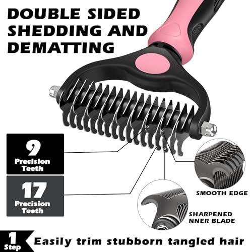 Professional 3PCS Self Cleaning Slicker Brush & Pet Grooming Rake & Flea Comb for Dogs,Cats and Horses | Double-Sided Dematting Comb & Skin Friendly Deshedding Grooming Tool (Light Pink) - color: Light Pink