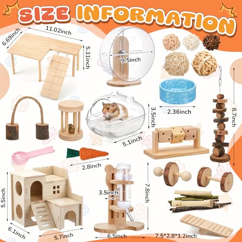 40 Pcs Hamster Cage Accessories, 9.5'' Exercise Wheel, Wood Platform Hideout House, Water Bottle, Sand Bath, Bowl, Chew Toys for Syrian Hamsters Mice Gerbils Habitat Decor(Interactive Style) - style: Interactive style