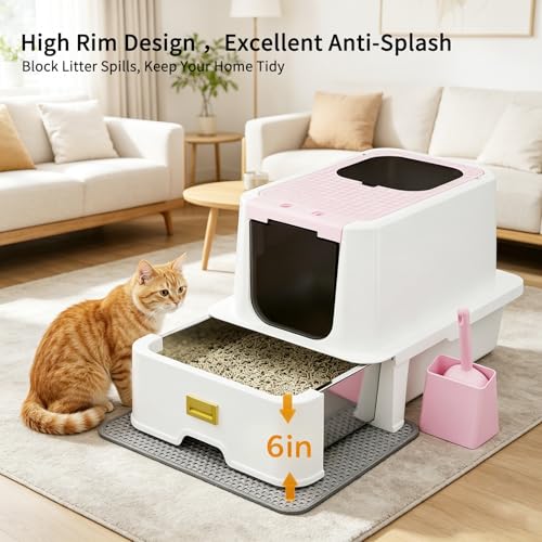 RIZZARI Pink Cat Litter Box: Covered Top Entry with Drawer & Spray | Pull-Out Drawer / Built-In Deodorizer Spray / Top Entry Reduces Mess / Spacious for Large Cats / Pink Blends with Home Decor - color: Light Pink with gun