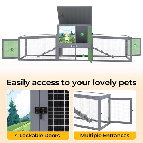 COZIWOW Outdoor Deluxe Rabbit Hutch Health Bundle: 95-Inch Large Cage & Smart Air Purifier for Rabbits, Chickens, and Small Animals - color: Gray White