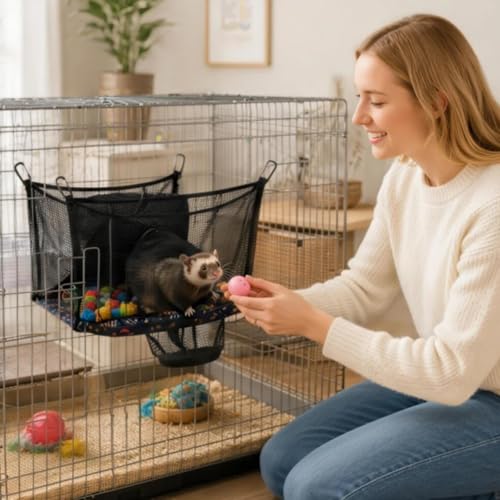 Ferret Ball Pit Hammock, Hanging Ferret Bed Cage Toy with Tunnel Compatible, Mesh Ferret Accessories for Small Animals, No Balls Included