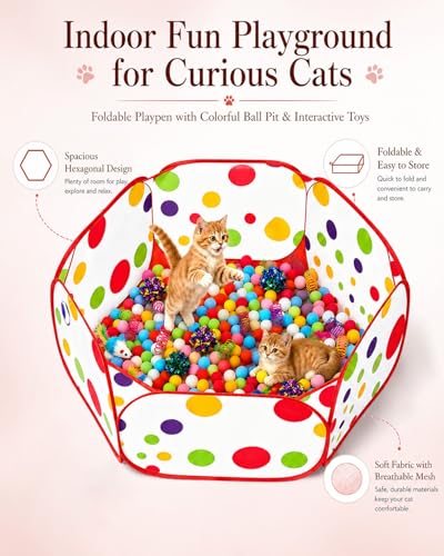Cat Ball Pit with 227 Pcs Interactive Cat Toys, Enrichment Toys for Bored Indoor Cats Self Play, Include Pom Pom Balls Jingle and Crinkle Balls, Springs and Mice Toy for Kitten Fun and Exercise - color: Red