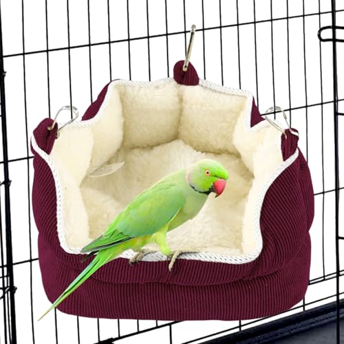 QBLEEV Bird Nest House, Parrot Winter Warm Bed for Cage Hanging Hammock | Soft plush snuggle hut tent, parrot cage accessories hideaway sleeping bed for budgie parakeet cockatiel conure lovebird - color: Red