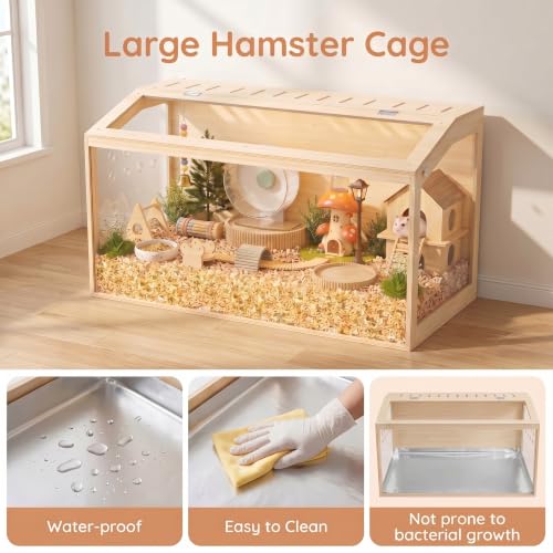 Hamster Cage Large, 32-Inch Wooden Enclosure, Open Top Acrylic View | 270° Panoramic Acrylic View, Open Top, Easy To Clean, Three-Sided Ventilation,Perfect Rat Cage, Gerbil Cage, Mouse Cage