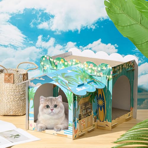 Lineshading 2 Story Cardboard Cat House with Scratcher Pad, Multi Level Durable Cat Scratcher House for Small Kitten Bunny Rabbit Animals Christmas Birthday Gift(17x12x10,Hawaii) - style: Hawaii