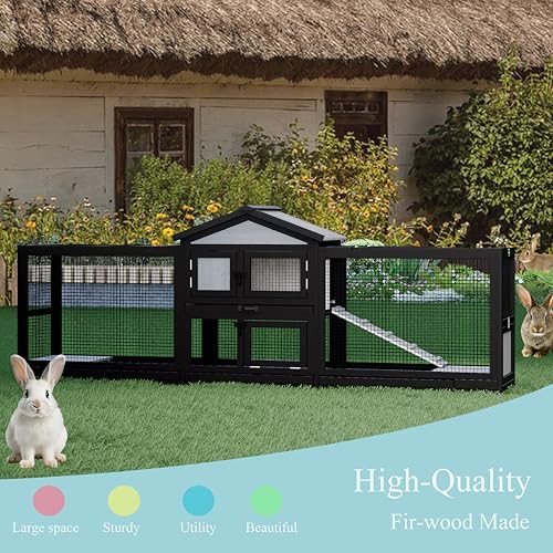89" Wooden Rabbit Hutch Bunny Cage Pet Playpen House Enclosure with Double Side Run Boxes, Ramp, for Guinea Pig and Small Animals, Black - size: 89 inch