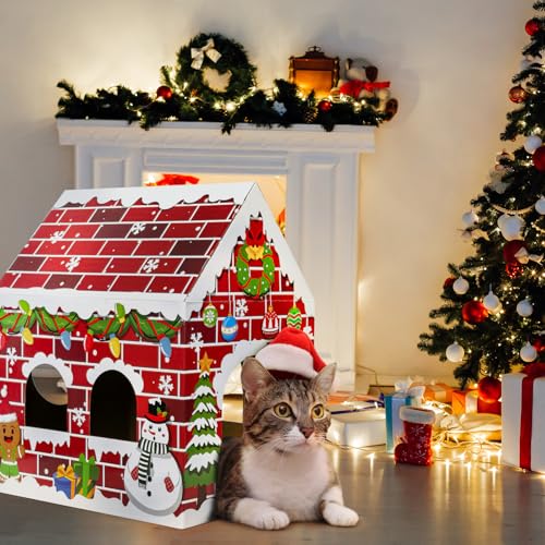 Cinrobiye Christmas Cardboard Cat House with Scratcher Pet Gingerbread Board Bed Cave Playhouse Hideaway Hideout Condo Decor Small Animals Scratch Box for Indoor Cats Kittens Rabbits Bunny (Red, 1) - color: Red