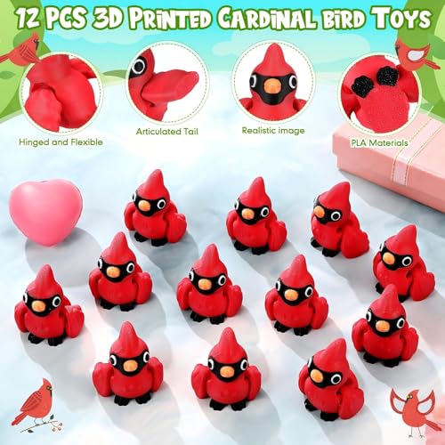 Honoson 12 Pcs 3D Printed Animals 5-7cm, Cardinal Bird | Articulated Fidget Animals, Flexible 3D Printed Figures for Stress Relief, Cute Mini Joints for Party Favors and Display - size: 5-7cm, style: Cardinal Bird
