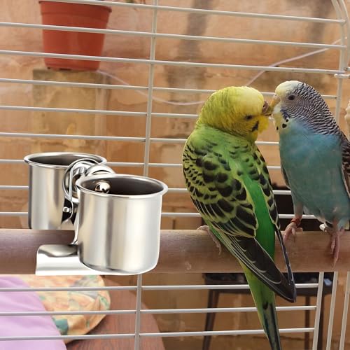 Tioncy 2 Pcs Clip on Water Bowl for Birds Parrot Feeding Double Cups Dishes Hanging Stainless Steel Food Water Bowls with Clip Pet Animal Feeder Cup Holder for Cage Coop Perches Play Stand Accessories