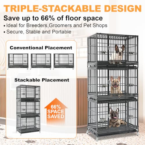 Homey Pet Three Tier 37" Heavy Duty Stackable Dog Crate with Wheels | Metal Cage for Dogs with Escape proof Locks, Tray, Bowl, Open Top, for Small and Medium Dogs, Breeders and Multi-dog Homes - size: 37.0"L - 3 Tiers - 1P
