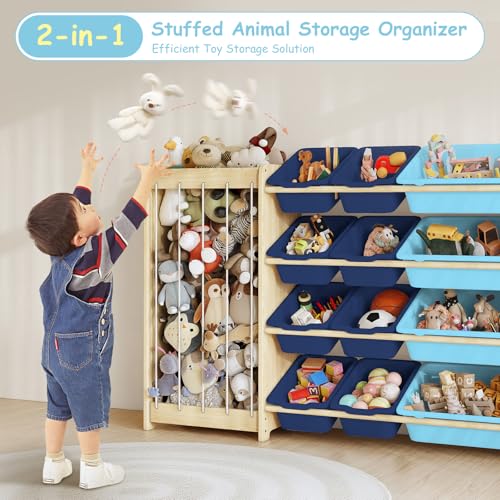 EXPERLAM Kids Toy Storage Organizer, 2-in-1 Stuffed Animal Storage & Toy Organizer w/12 Bins, Solid Wood Toy Rack Featuring Thicker Elastic Ropes, Playroom Nursery Bedroom Storage, Blue - color: Blue, size: 47.2" L × 11" W × 31.5" H