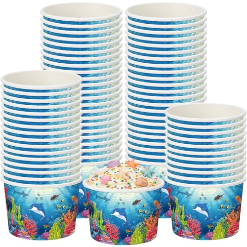 Funnymoom 50 Pack Under The Sea Ice Cream Cups 9 oz Ocean Disposable Dessert Bowls Under The Sea Animal Paper Soup Bowls Snack Cups for Hot or Cold Food Underwater Creatures Birthday Party Supplies - color: Ocean Blue, style: Under the Sea