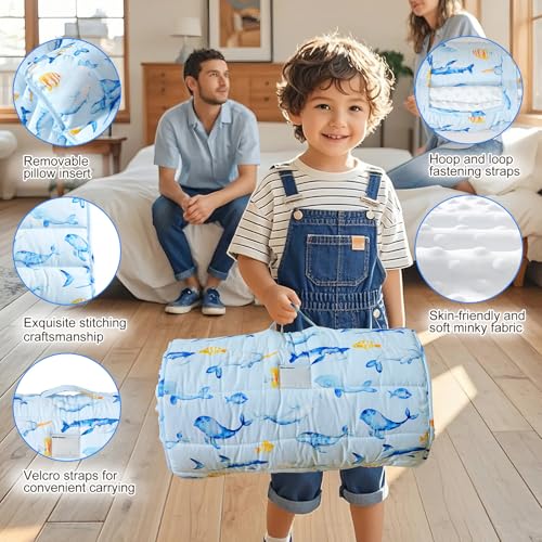 david's kids Toddler Nap Mat with Removable Pillow and Minky Fleece Blanket, Ultra Soft Slumber Bags for Boys, Perfect for Preschool, Daycare, Kids Sleeping Bags with Rollup Design, 50"x20", Whale - color: Whale