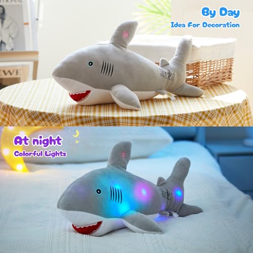 BSTAOFY 20'' Light up Shark Stuffed Animal Glow Soft Plush Toys Ocean Species LED Night Lights Birthday Valentines Christmas for Toddler Kids, Gray - color: Gray Shark