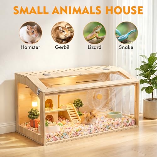 XiaZ Hamster Cage,32Inch Large Hamster Cage with Panoramic View and Ventilated Top, Spacious Acrylic Glass Habitat for Syrian Dwarf Hamsters and Degus, Natural Wood Frame Enclosure - size: 32.0"L x 16.0"W x 16.0"H