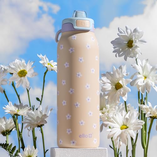 Ello Pop & Fill Insulated Stainless Steel Water Bottle with Quick Fill Lid, Leakproof Locking, Sip or Chug Spout, BPA-Free, Double Wall Vacuum Insulated for Sports, Travel & School- 22oz / 32oz / 40oz - color: Gloss Daisies, style: 22oz