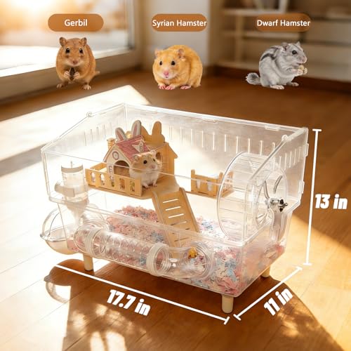 9-in-1 Acrylic Hamster Cage - Clear Pet Cage with 360° Transparent Viewing, Double Layer Chew-Proof Mice Enclosure with Crawling Tunnel for Dwarf Syrian Gerbils, 18 * 13 * 12in (Pink Cottage)