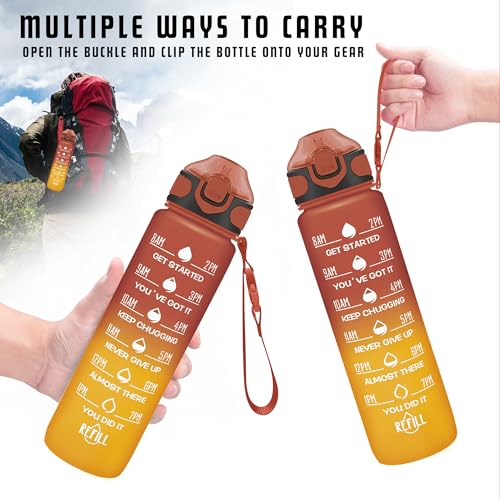 Enerbone 32 oz Drinking Water Bottle with Times to Drink and Straw, Motivational with Carrying Strap, Leakproof BPA & Toxic Free, Ensure You Drink Enough Water for Fitness Gym Outdoor - color: Amberglow