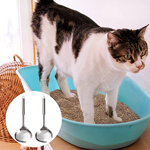 2pcs Cat Litter Scoop, Stainless Steel Litter Scoop Long Handle Durable Cat Mesh Shovel (Sliver)