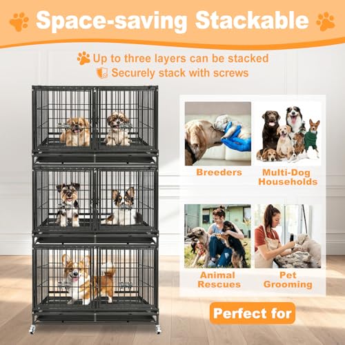 Homey Pet 2 Pack Three Tiers 43" Stackable Heavy Duty Double Dog Crate Bank | Commercial Modular Dog Kennel with Dual Front Doors, Divider, Auto Locks, Removable Tray, Bowls for Small and Medium Dogs - size: 43.0"L - 3 Tiers - 2P