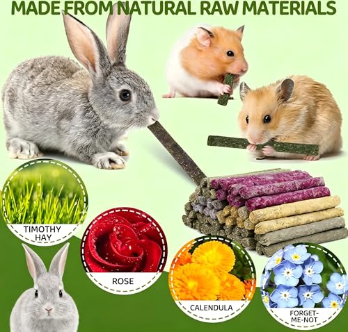 40 Pcs Natural Rabbit Chew Sticks Timothy Hay Sticks Mixing Flowers, Roses, Calendula and Forget Me Not Flowers Organic Treats for Guinea Pigs, Chinchillas, Hamsters Dental Health & Digestion