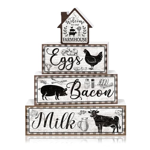 Tiered Tray Decor Set, 4 Pcs, Wooden, for Home Kitchen, Rustic | Farm Animal Rooster, Farmhouse Rustic Summer Coffee Table Centerpieces Office Decorations - style: Farm Animal