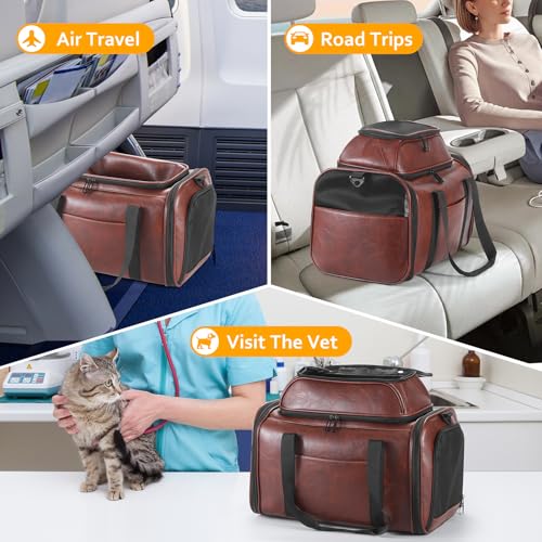 Premium Leather Top Expandable Pet Carrier for Small Dogs & Cats Under 15 lbs, Airline Approved Collapsible Soft-Sided Luxury Travel Bag Coffee - color: Coffee