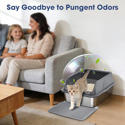 Stainless Steel Litter Box with Lid, Enclosed Metal Cat Litter Box with Built-in Carry Handle & 120° Flip-Top (Dark Gray, Small) - color: Dark Gray, size: Small
