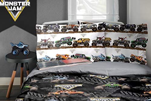 Jay franco Monster Jam Tracks 4 Piece Twin Bed Set - Includes Comforter & Sheet Set - Bedding Features Grave Digger & Megalodon - Super Soft Fade Resistant Microfiber (Official Monster Jam Product) | Grave Digger Megalodon, Comforter Sheets Pillowcase, Of