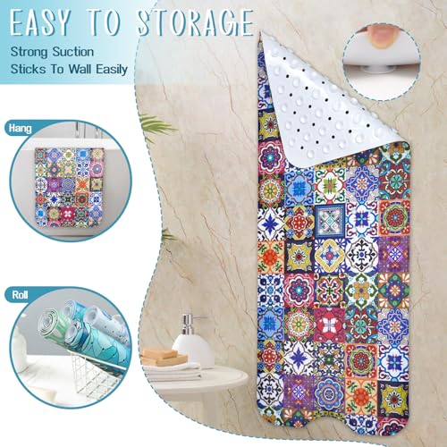 Boho Bathtub Mat Non Slip, Vintage Bath Tub Mat Baby Bath Mats for Bathroom Anti Slip Shower Mats for Inside Shower, Colorful Floral Bathmat with Suction and Drain Holes Machine Washable, 40″x16″ - color: D03, size: 40" x 16" (Rectangular)