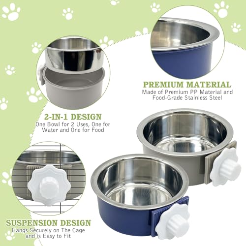Tfwadmx 2 Pcs Crate Dog Bowl Cat Removable Stainless Steel Food and Water Feeder Hanging Cage Bowls Coop Cup with Cleaning Set for Pet Puppy Bird Rat Guinea Pig Bunny Rabbit (Dark Blue, Gray) - color: Dark Blue, Gray (2 PCS)