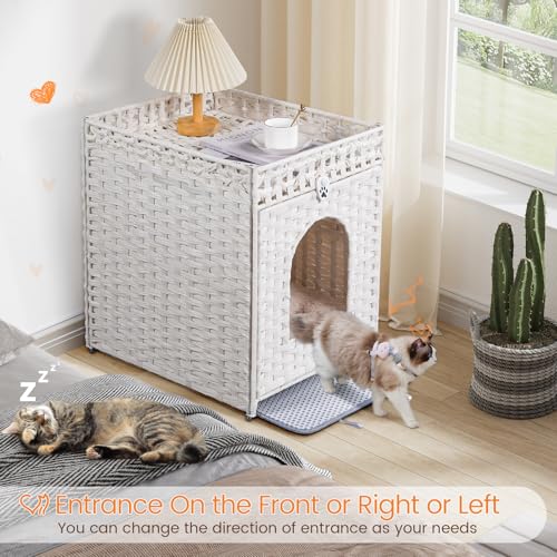 Snughome Cat Litter Box Enclosure Furniture Hidden with Litter Mat, Hidden Washroom Furniture with Door, Handwoven Rattan Cat Washroom Box, Indoor Pet House for Living Room, Bedroom(White) - color: White