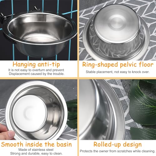 kathson Dog Kennel Bowls for Crates, 3 Pcs Stainless Steel Pet Food Water Bowls with Clamp Holder Hanging Metal Puppy Feeding Dish Cage Coop Cup for Cat Rabbit Ferret Bird (8.5 * 2.7in)