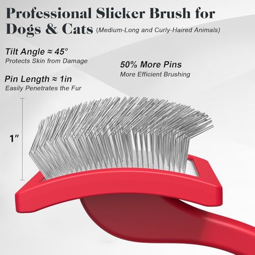 2PCS Slicker Brush for Dogs & Pet Comb,Professional Dog Grooming Brush (Goldendoodles,Poodles,Labradoodles) with Extra Long Pins to Effectively Remove Tangles, Knots and Mats (Red, Large) - color: Red, size: Large