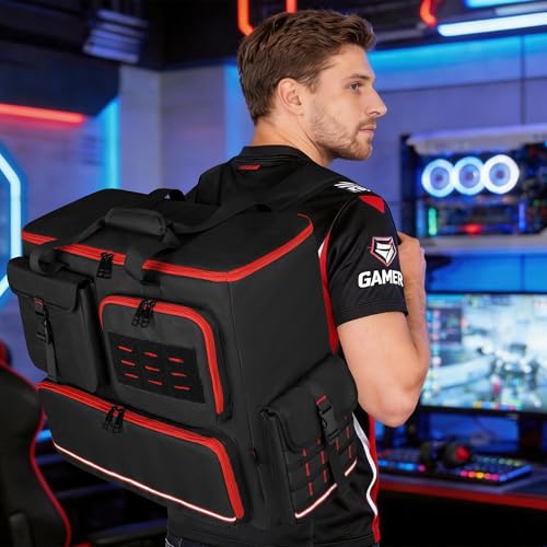 Desktop PC Tower Backpack for ATX/M-ATX Case with Bottom Pad | Padded PC Travel Bag with 6 Storage Pockets, MOLLE Side Pockets, Reflective Strips, Trolley Strap and Shoulder Straps, Black